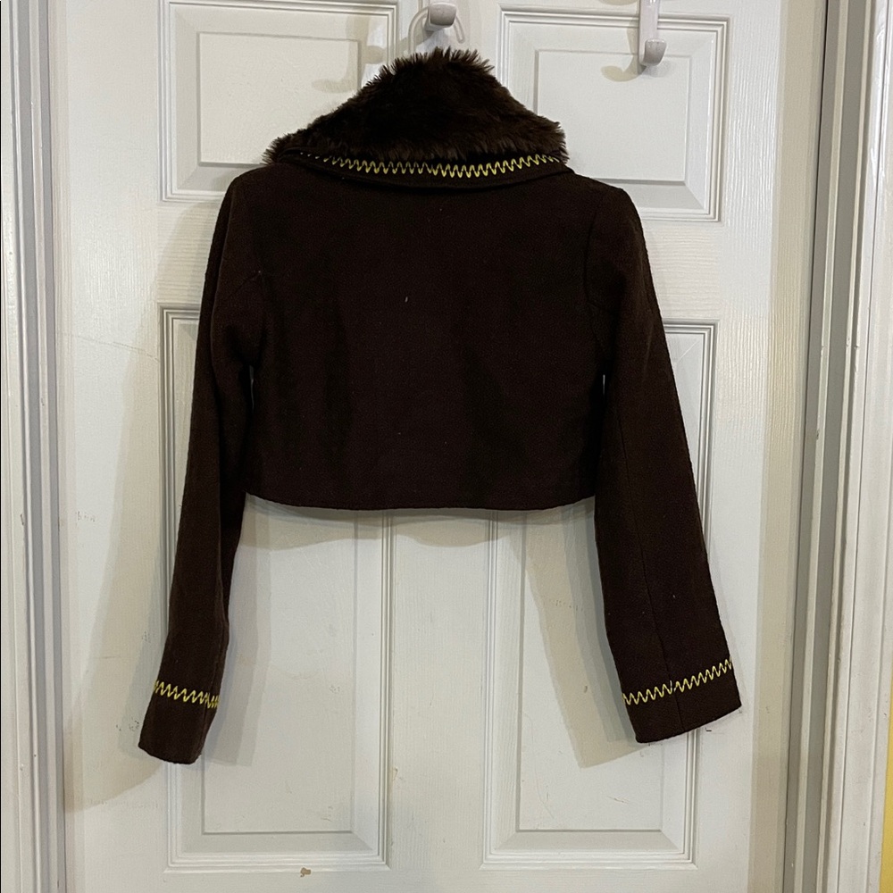 Vtg Forever 21 Embroidered Brown Cropped Jacket with faux Fur Collar XS - Picture 4 of 7